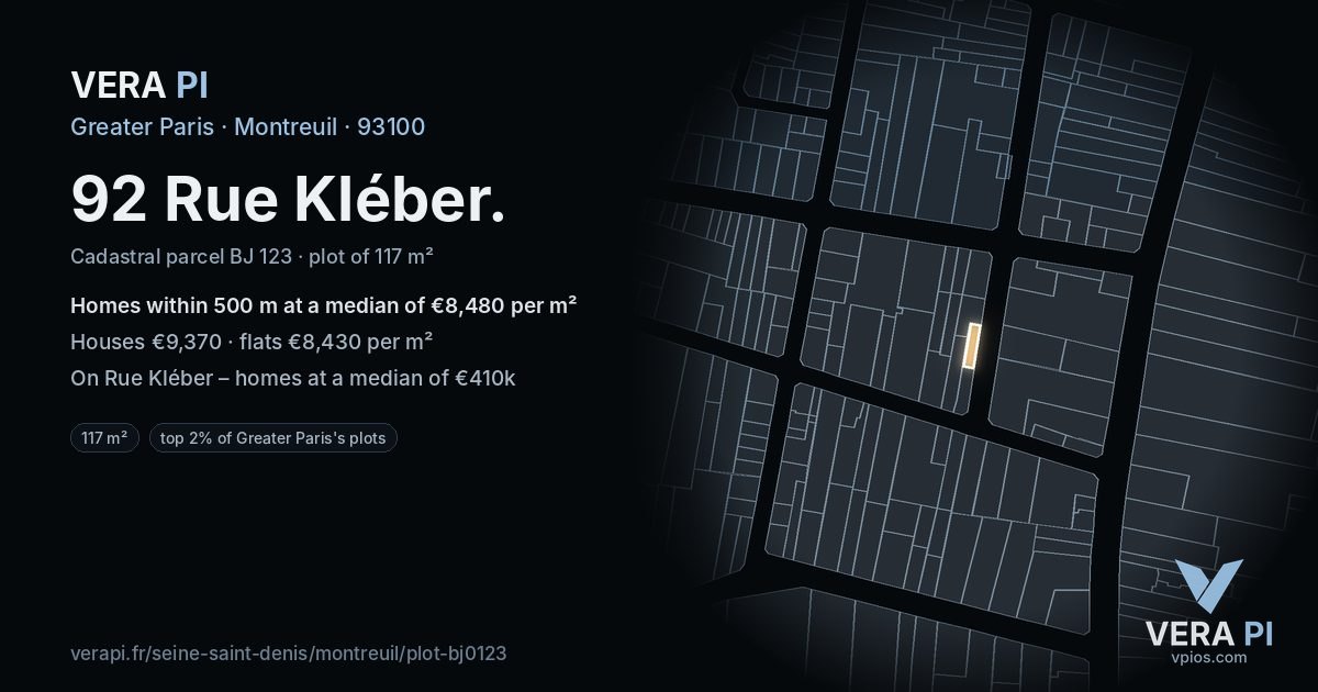 92 Rue Kléber, Montreuil at night – the plot lit, the parcels around coloured by the prices near them
