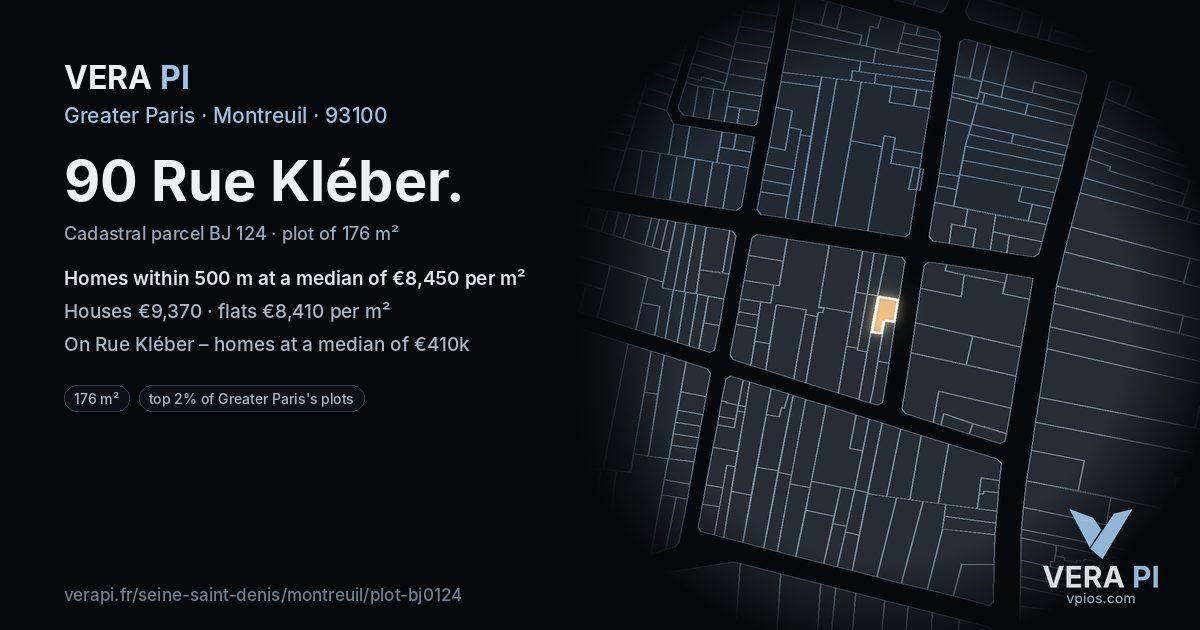 90 Rue Kléber, Montreuil at night – the plot lit, the parcels around coloured by the prices near them