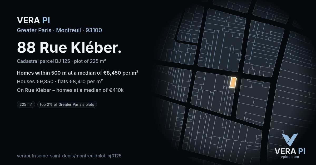 88 Rue Kléber, Montreuil at night – the plot lit, the parcels around coloured by the prices near them