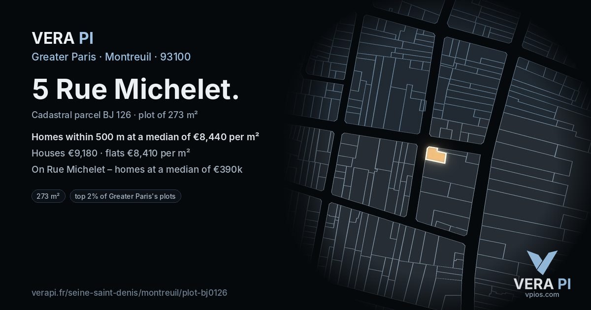 5 Rue Michelet, Montreuil at night – the plot lit, the parcels around coloured by the prices near them