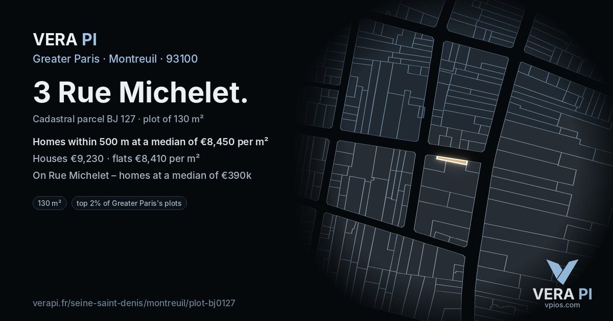 3 Rue Michelet, Montreuil at night – the plot lit, the parcels around coloured by the prices near them