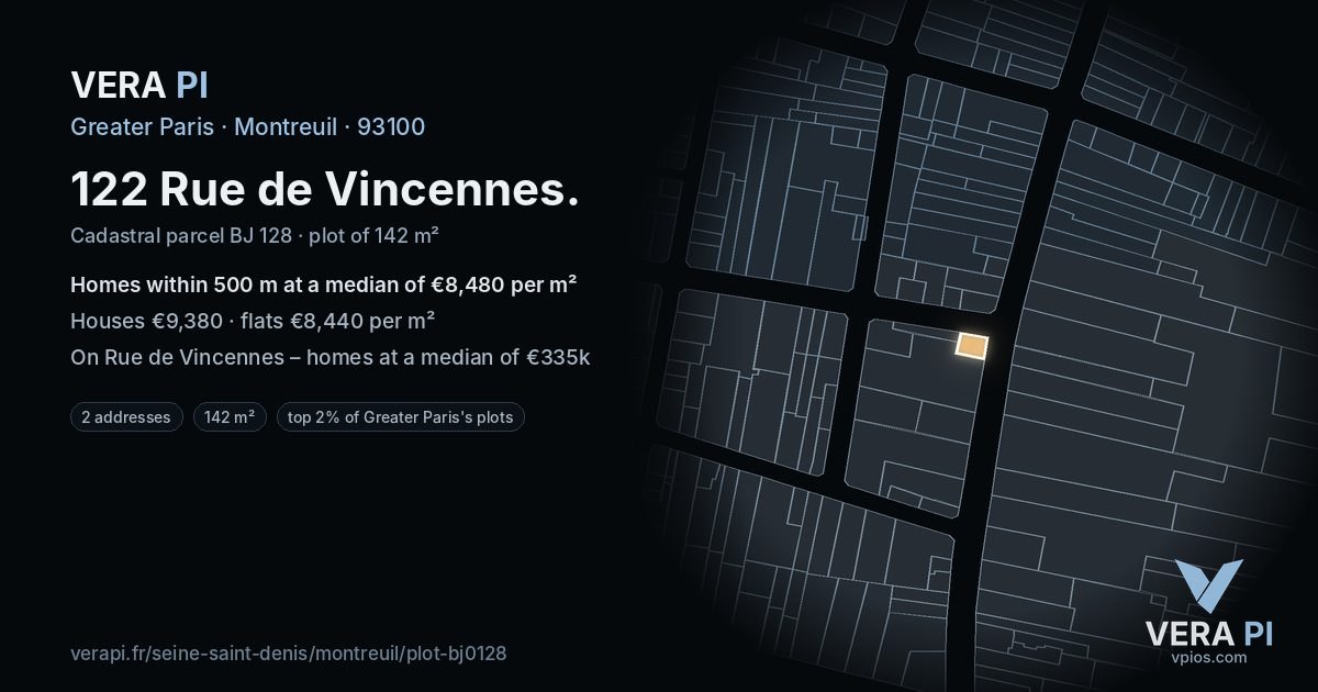 122 Rue de Vincennes, Montreuil at night – the plot lit, the parcels around coloured by the prices near them