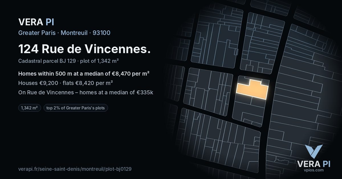 124 Rue de Vincennes, Montreuil at night – the plot lit, the parcels around coloured by the prices near them