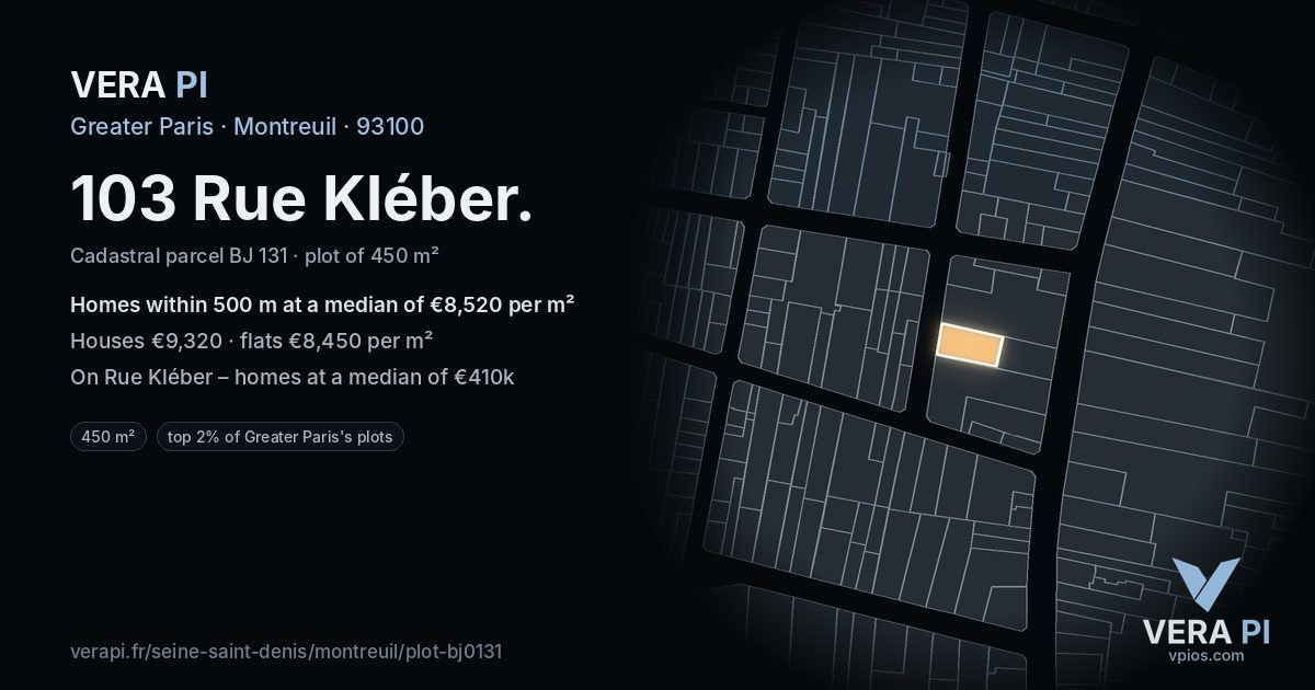 103 Rue Kléber, Montreuil at night – the plot lit, the parcels around coloured by the prices near them