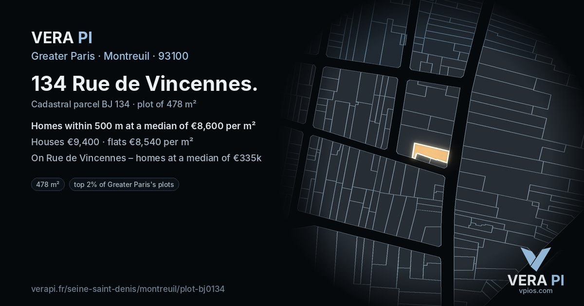 134 Rue de Vincennes, Montreuil at night – the plot lit, the parcels around coloured by the prices near them