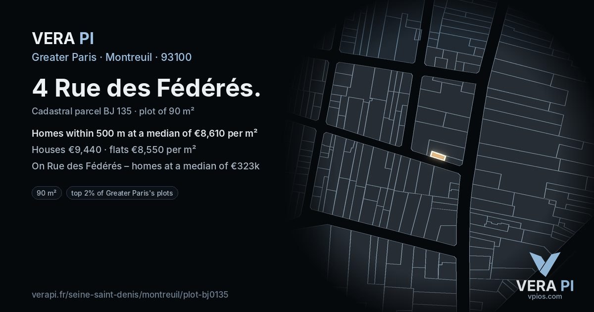 4 Rue des Fédérés, Montreuil at night – the plot lit, the parcels around coloured by the prices near them