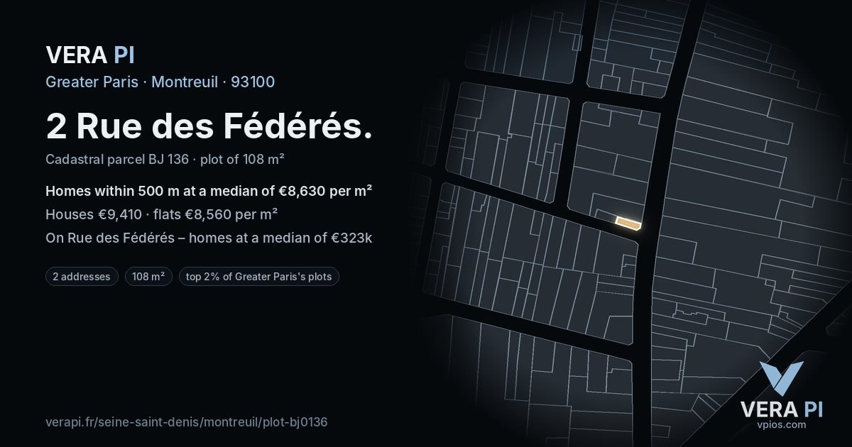 2 Rue des Fédérés, Montreuil at night – the plot lit, the parcels around coloured by the prices near them