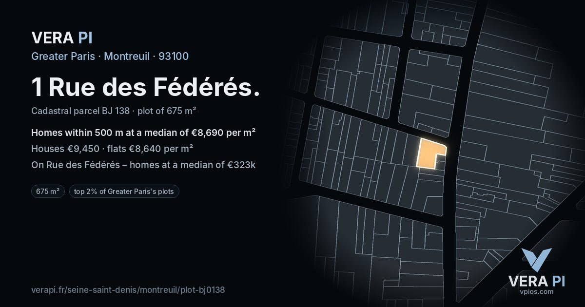 1 Rue des Fédérés, Montreuil at night – the plot lit, the parcels around coloured by the prices near them