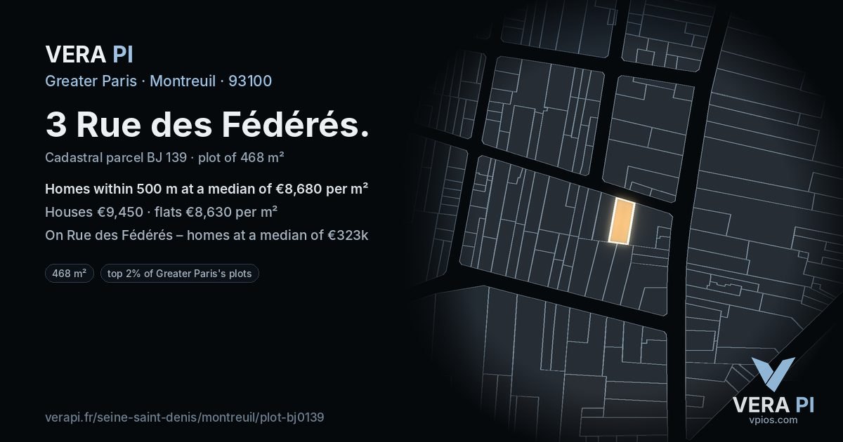 3 Rue des Fédérés, Montreuil at night – the plot lit, the parcels around coloured by the prices near them