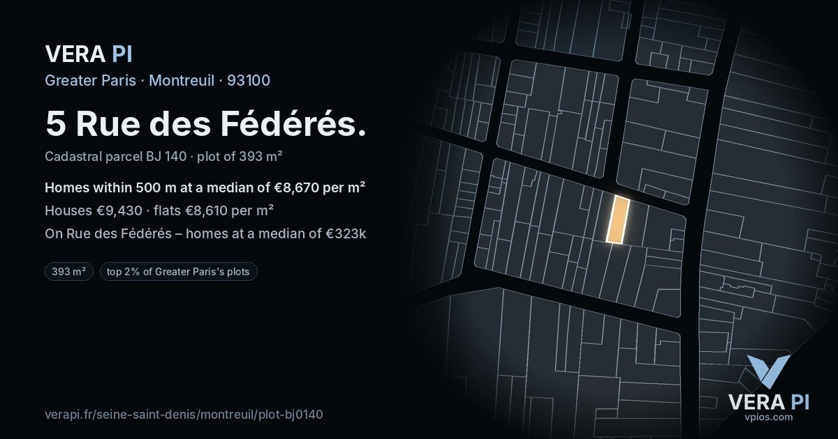 5 Rue des Fédérés, Montreuil at night – the plot lit, the parcels around coloured by the prices near them