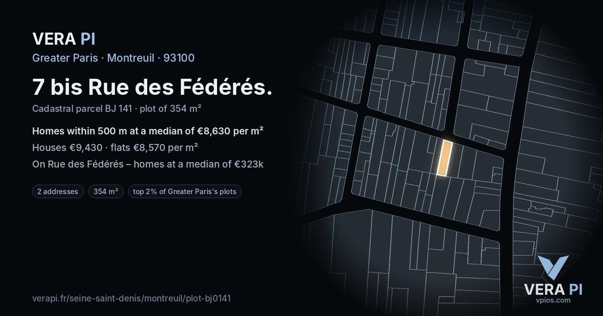 7 bis Rue des Fédérés, Montreuil at night – the plot lit, the parcels around coloured by the prices near them