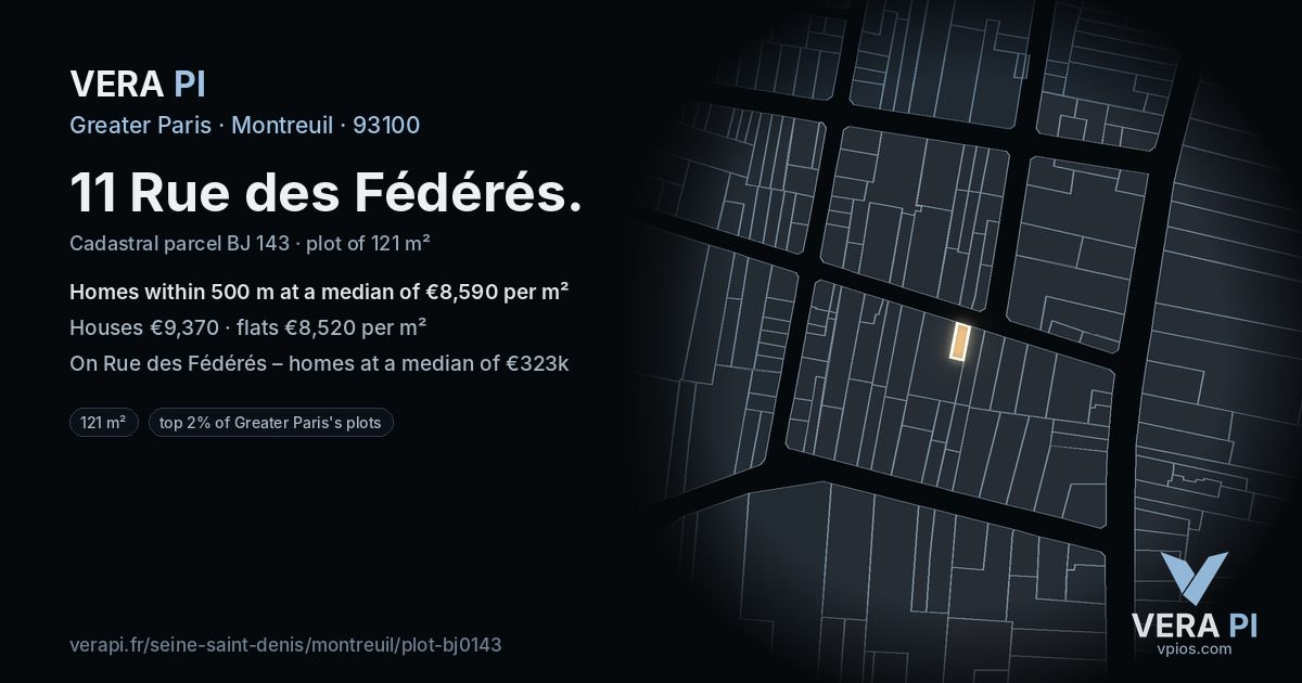 11 Rue des Fédérés, Montreuil at night – the plot lit, the parcels around coloured by the prices near them