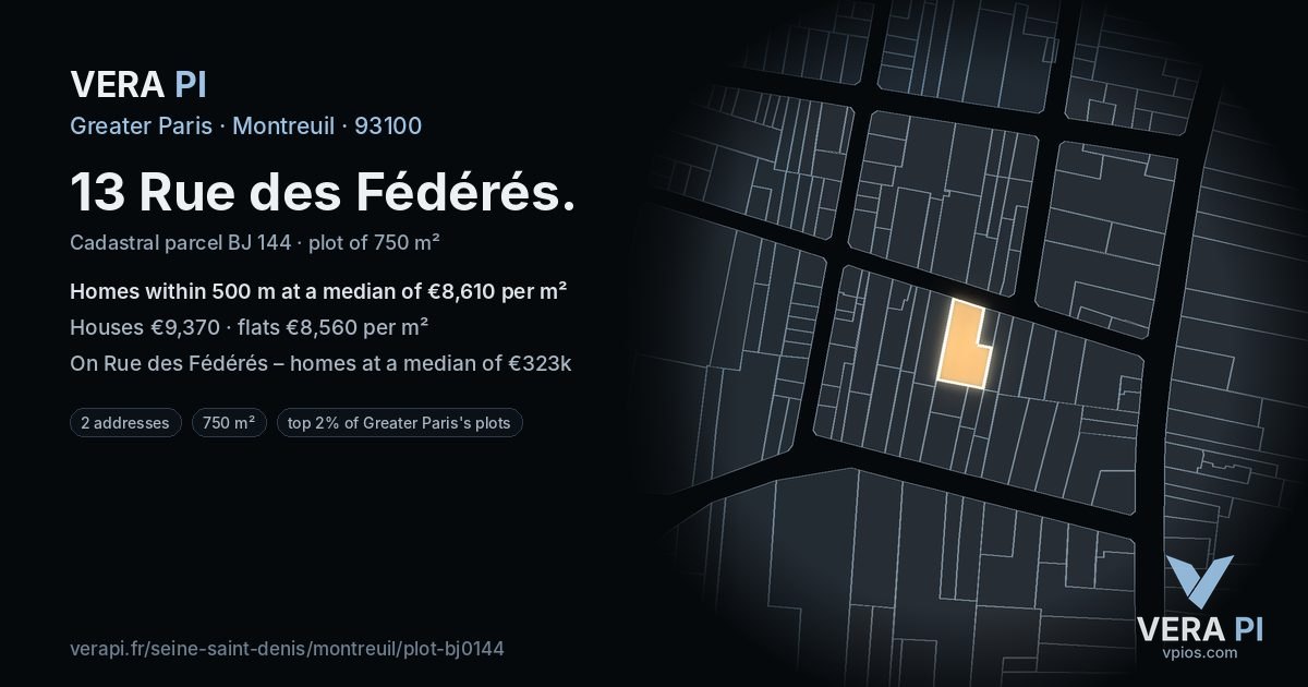 13 Rue des Fédérés, Montreuil at night – the plot lit, the parcels around coloured by the prices near them