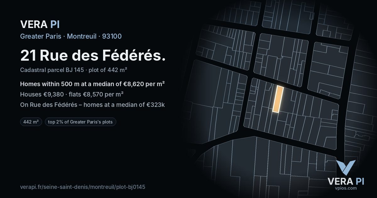 21 Rue des Fédérés, Montreuil at night – the plot lit, the parcels around coloured by the prices near them