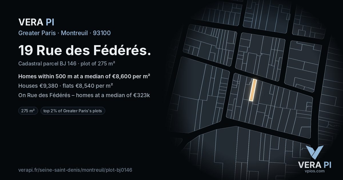 19 Rue des Fédérés, Montreuil at night – the plot lit, the parcels around coloured by the prices near them