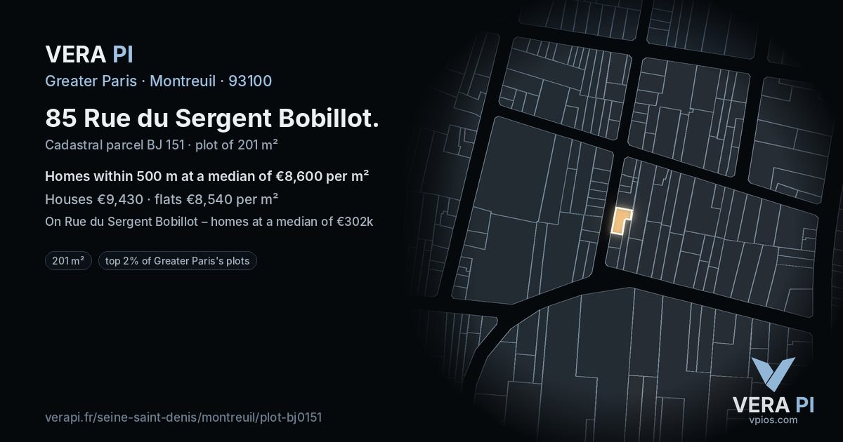 85 Rue du Sergent Bobillot, Montreuil at night – the plot lit, the parcels around coloured by the prices near them