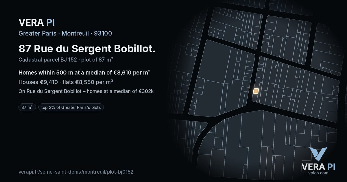 87 Rue du Sergent Bobillot, Montreuil at night – the plot lit, the parcels around coloured by the prices near them