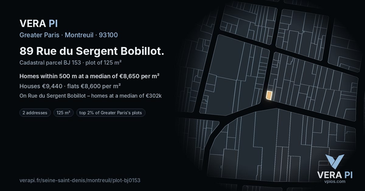 89 Rue du Sergent Bobillot, Montreuil at night – the plot lit, the parcels around coloured by the prices near them