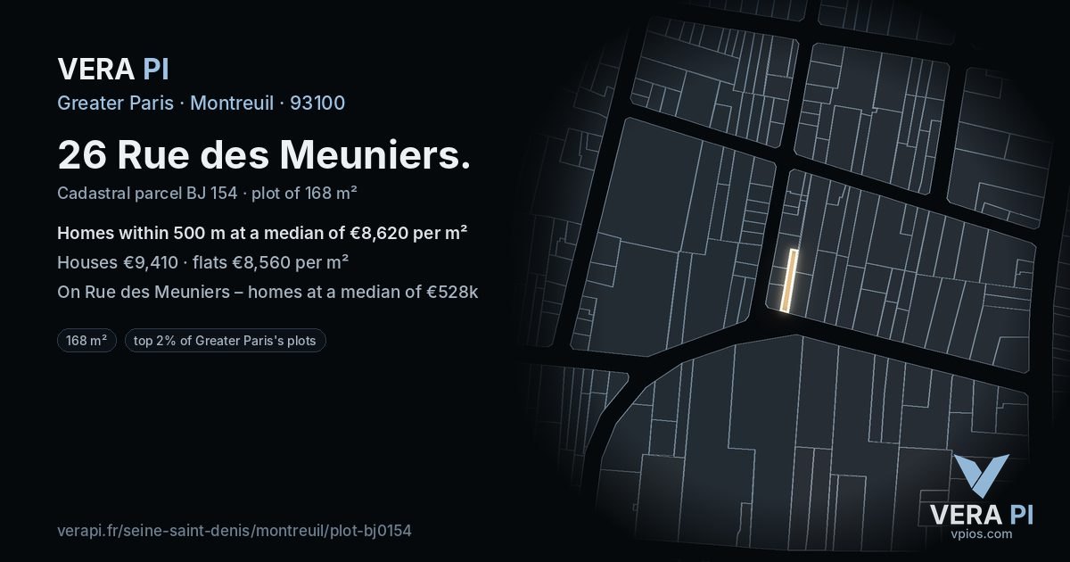 26 Rue des Meuniers, Montreuil at night – the plot lit, the parcels around coloured by the prices near them