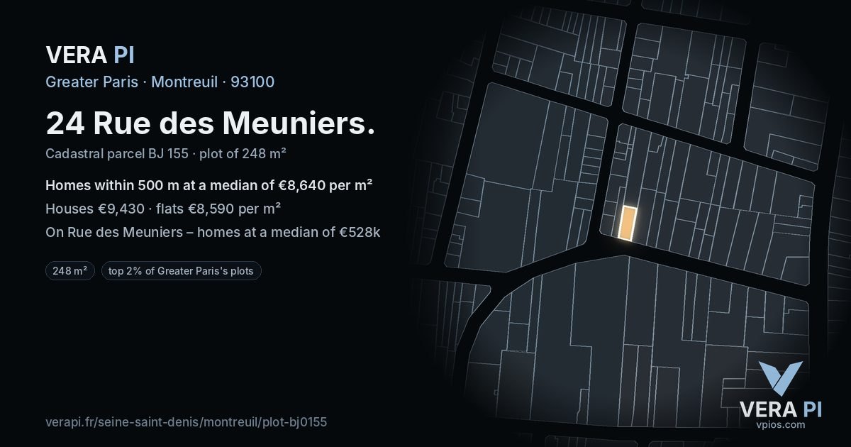 24 Rue des Meuniers, Montreuil at night – the plot lit, the parcels around coloured by the prices near them