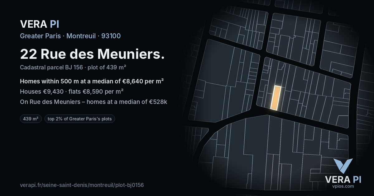 22 Rue des Meuniers, Montreuil at night – the plot lit, the parcels around coloured by the prices near them