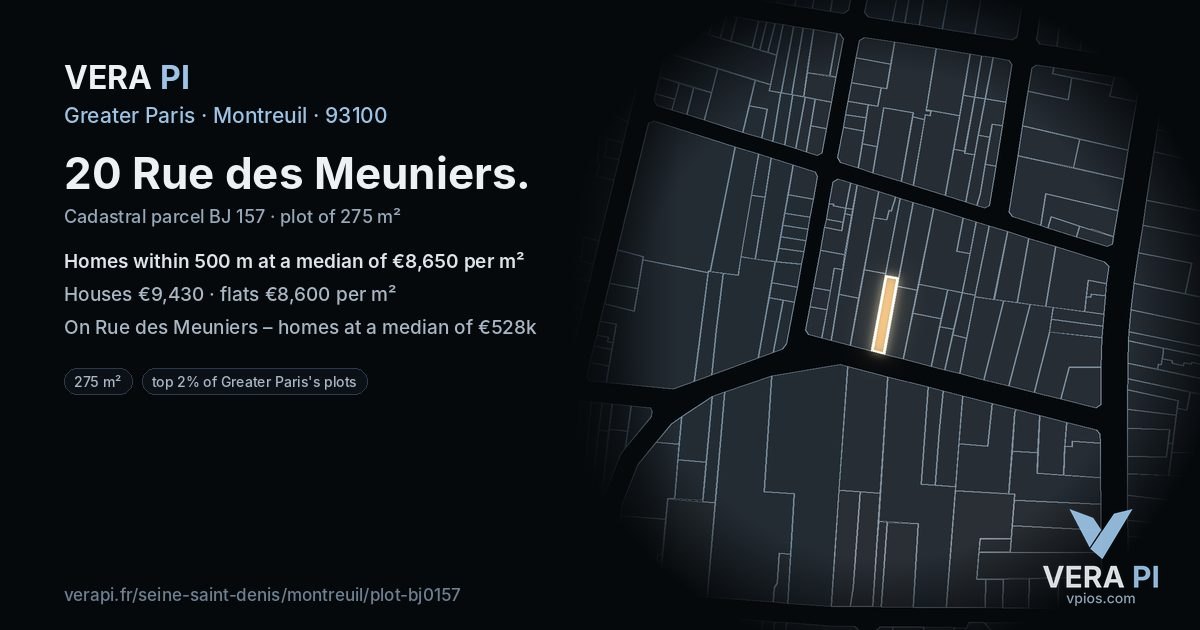 20 Rue des Meuniers, Montreuil at night – the plot lit, the parcels around coloured by the prices near them