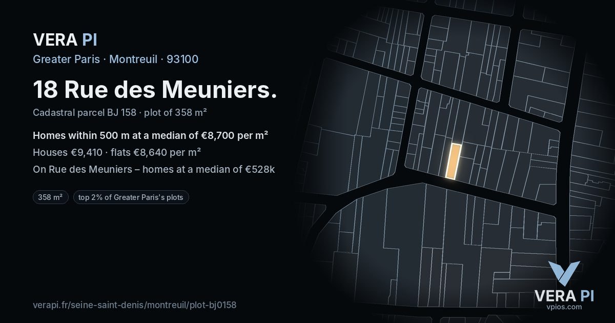 18 Rue des Meuniers, Montreuil at night – the plot lit, the parcels around coloured by the prices near them
