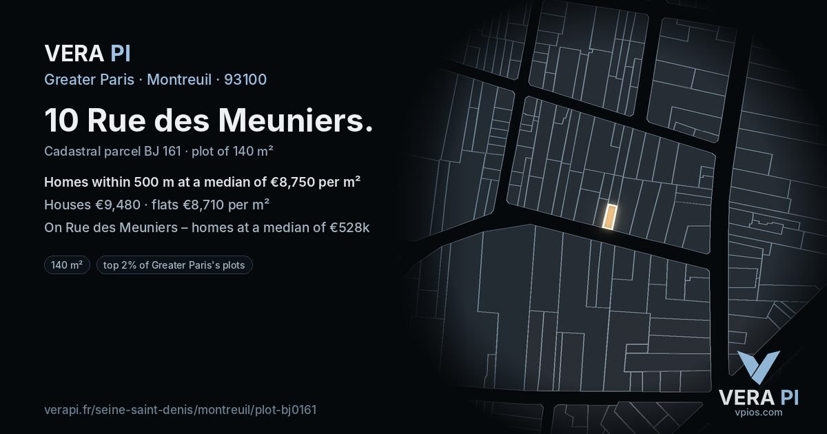 10 Rue des Meuniers, Montreuil at night – the plot lit, the parcels around coloured by the prices near them