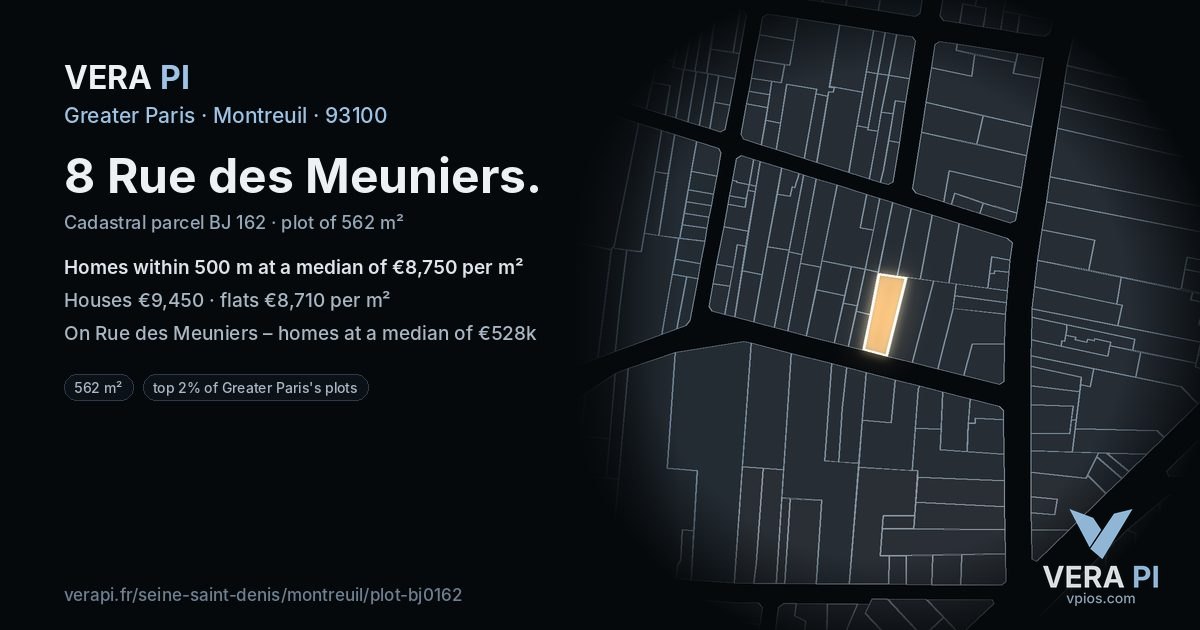 8 Rue des Meuniers, Montreuil at night – the plot lit, the parcels around coloured by the prices near them