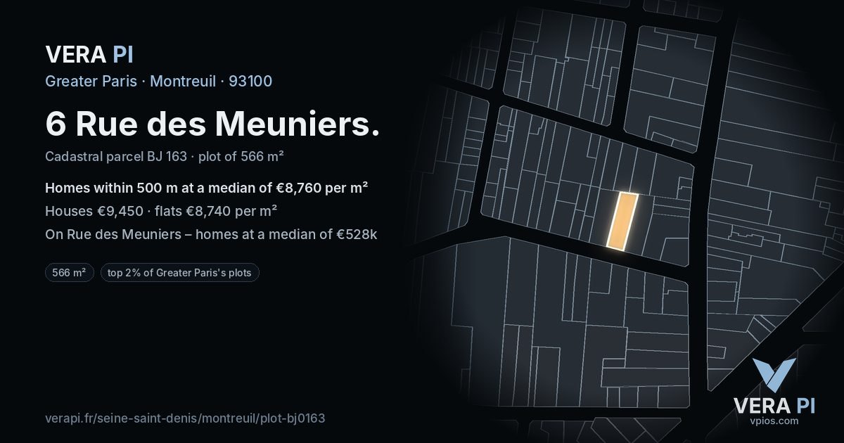 6 Rue des Meuniers, Montreuil at night – the plot lit, the parcels around coloured by the prices near them