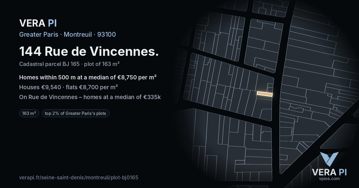 144 Rue de Vincennes, Montreuil at night – the plot lit, the parcels around coloured by the prices near them