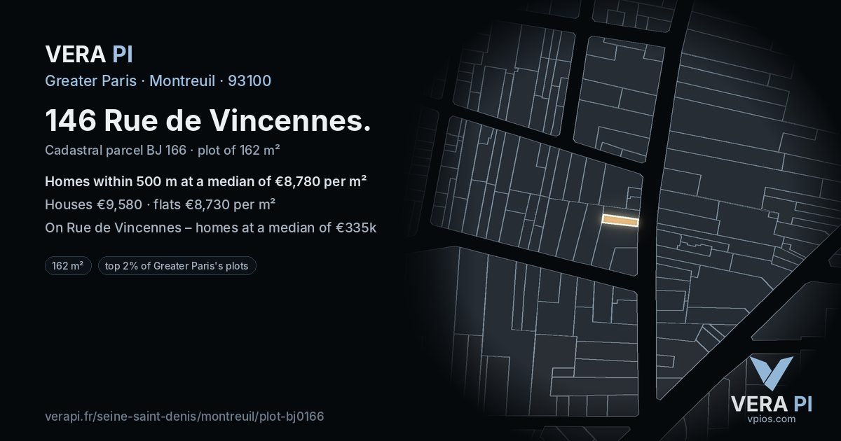 146 Rue de Vincennes, Montreuil at night – the plot lit, the parcels around coloured by the prices near them