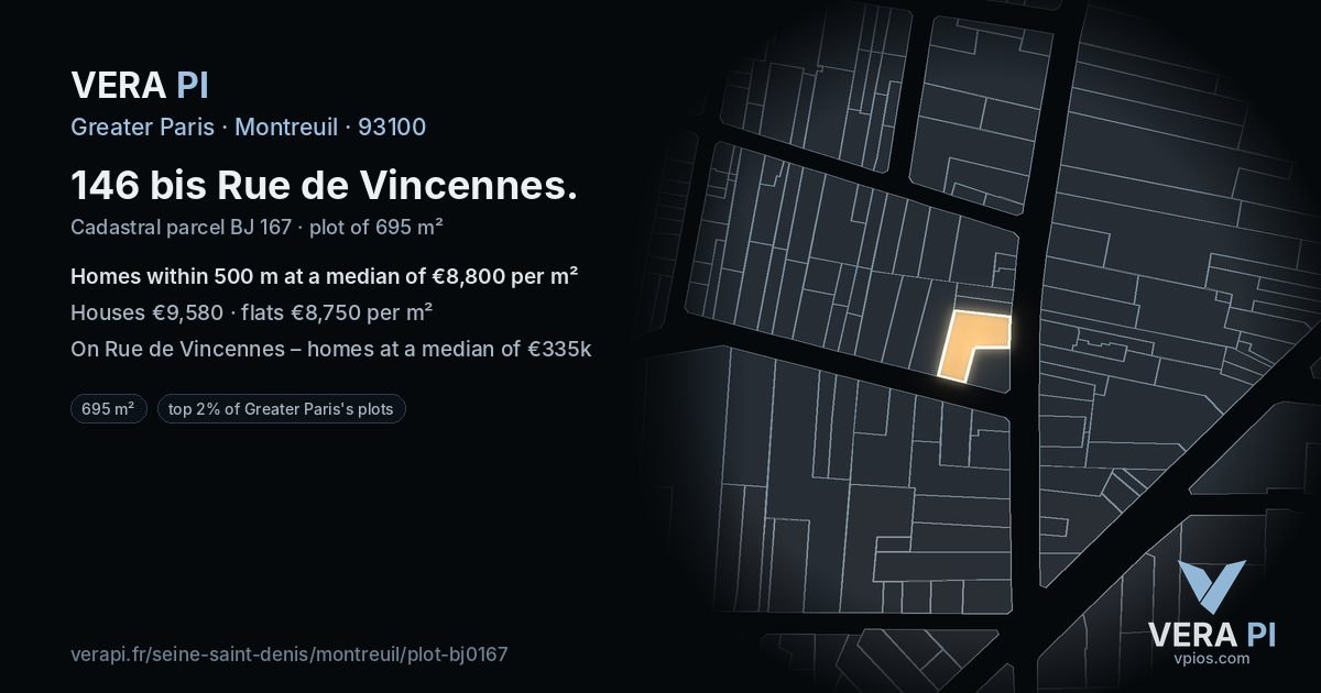 146 bis Rue de Vincennes, Montreuil at night – the plot lit, the parcels around coloured by the prices near them