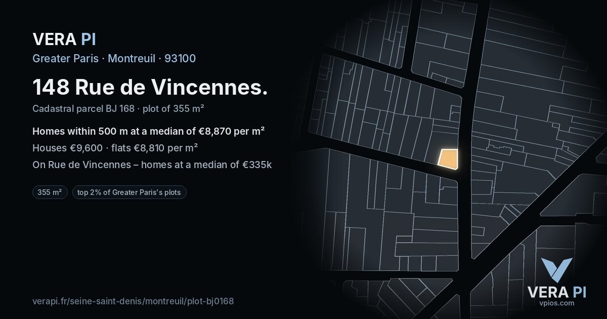 148 Rue de Vincennes, Montreuil at night – the plot lit, the parcels around coloured by the prices near them