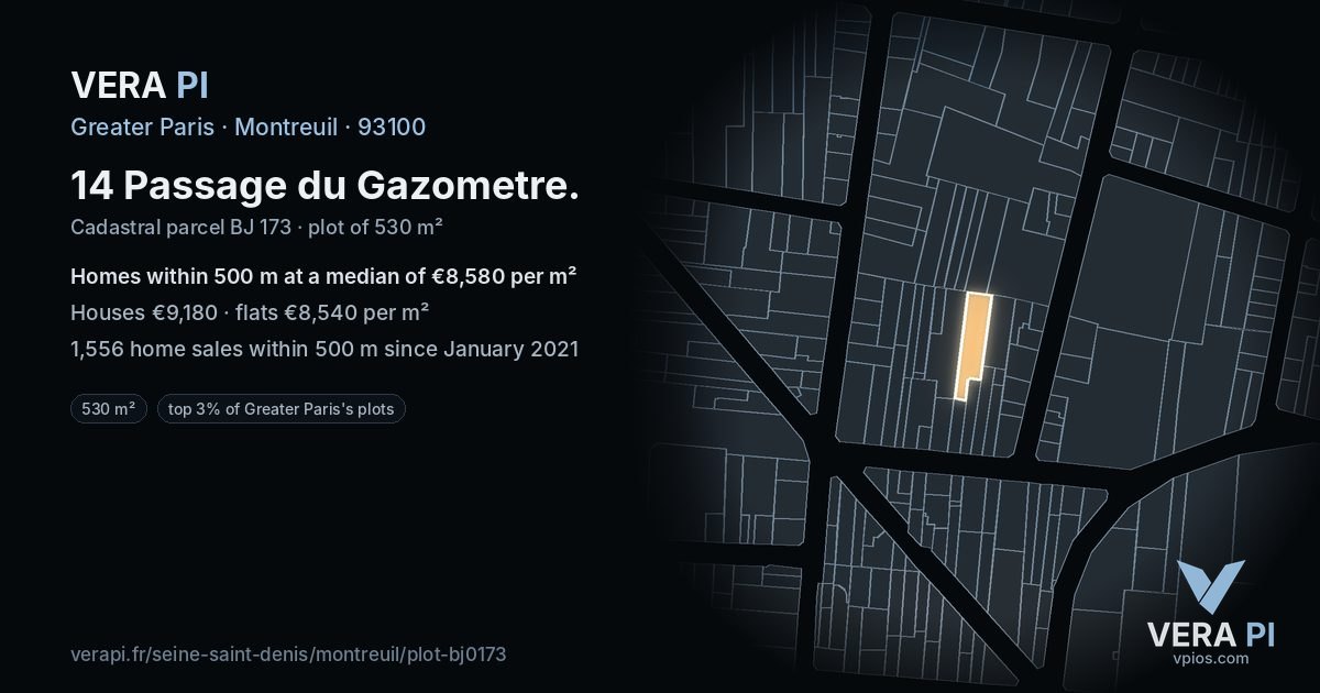 14 Passage du Gazometre, Montreuil at night – the plot lit, the parcels around coloured by the prices near them