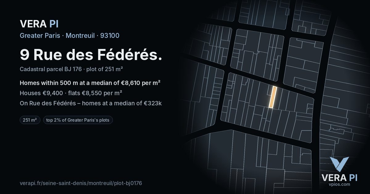 9 Rue des Fédérés, Montreuil at night – the plot lit, the parcels around coloured by the prices near them