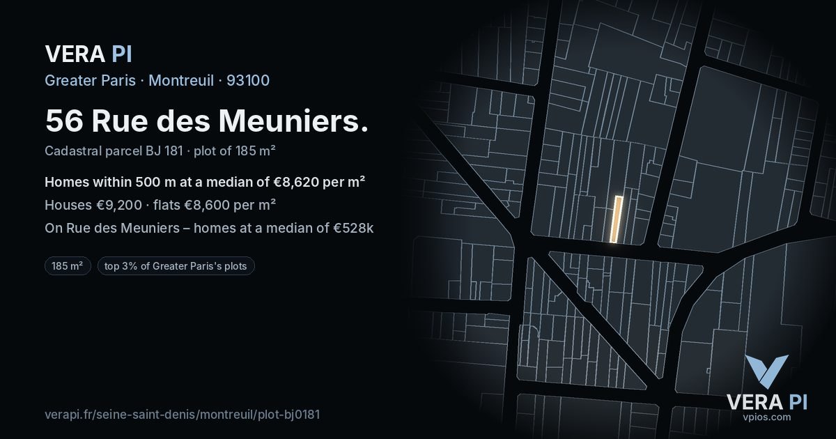 56 Rue des Meuniers, Montreuil at night – the plot lit, the parcels around coloured by the prices near them