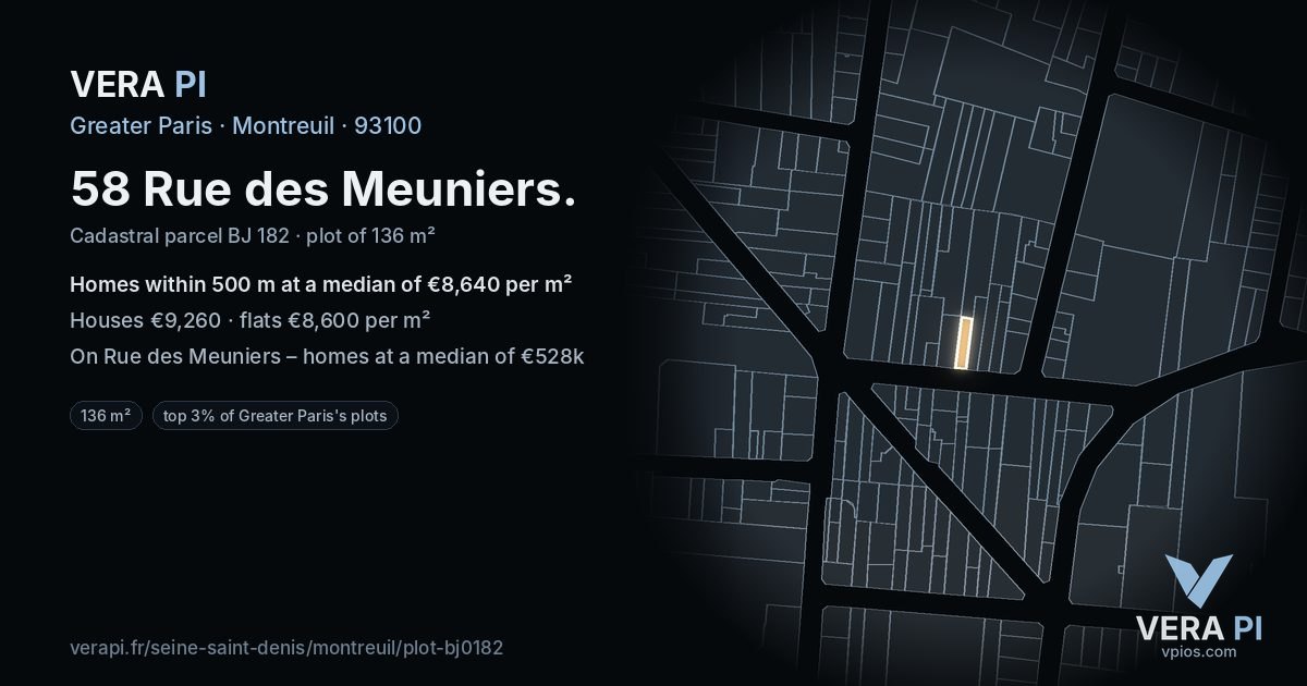 58 Rue des Meuniers, Montreuil at night – the plot lit, the parcels around coloured by the prices near them