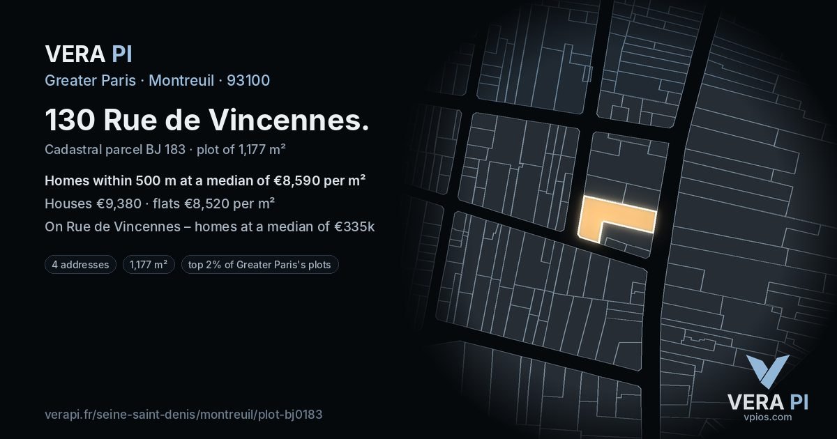 130 Rue de Vincennes, Montreuil at night – the plot lit, the parcels around coloured by the prices near them
