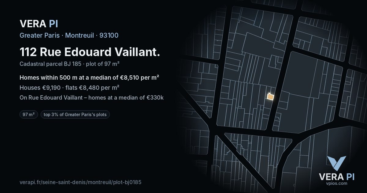 112 Rue Edouard Vaillant, Montreuil at night – the plot lit, the parcels around coloured by the prices near them