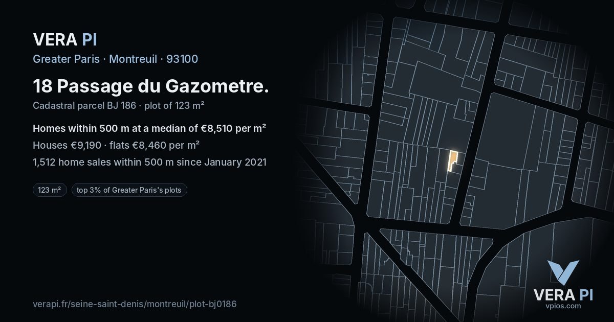 18 Passage du Gazometre, Montreuil at night – the plot lit, the parcels around coloured by the prices near them