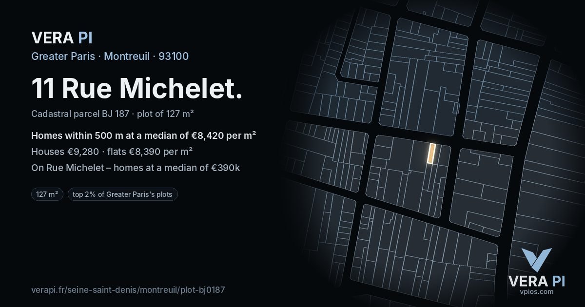11 Rue Michelet, Montreuil at night – the plot lit, the parcels around coloured by the prices near them