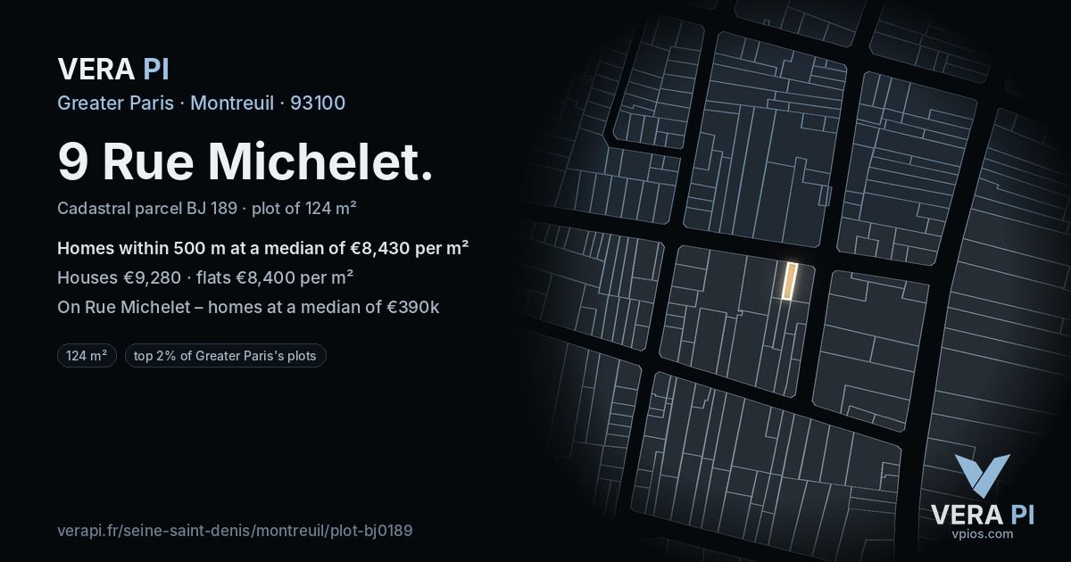 9 Rue Michelet, Montreuil at night – the plot lit, the parcels around coloured by the prices near them