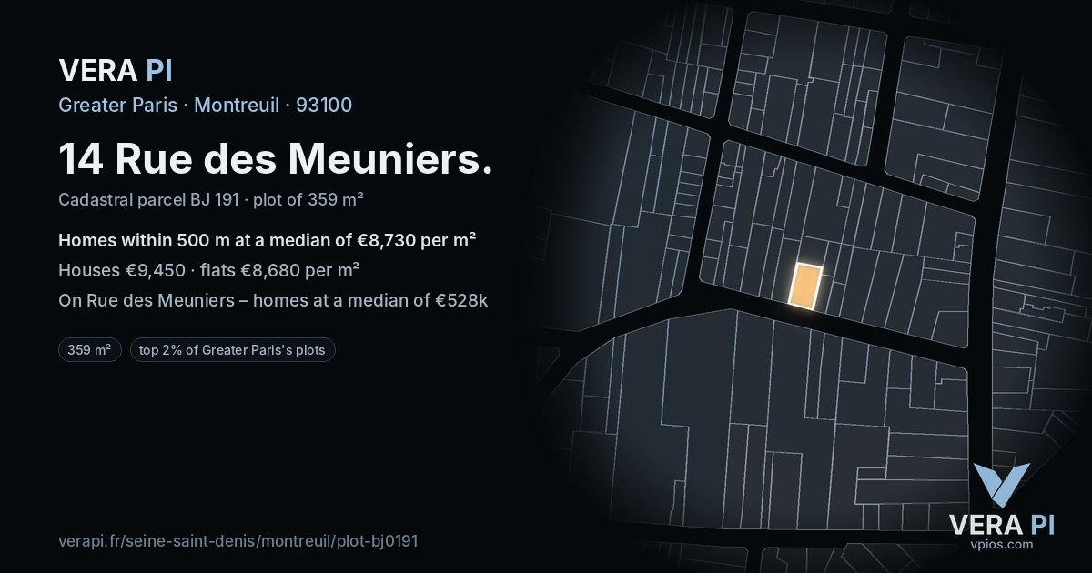 14 Rue des Meuniers, Montreuil at night – the plot lit, the parcels around coloured by the prices near them