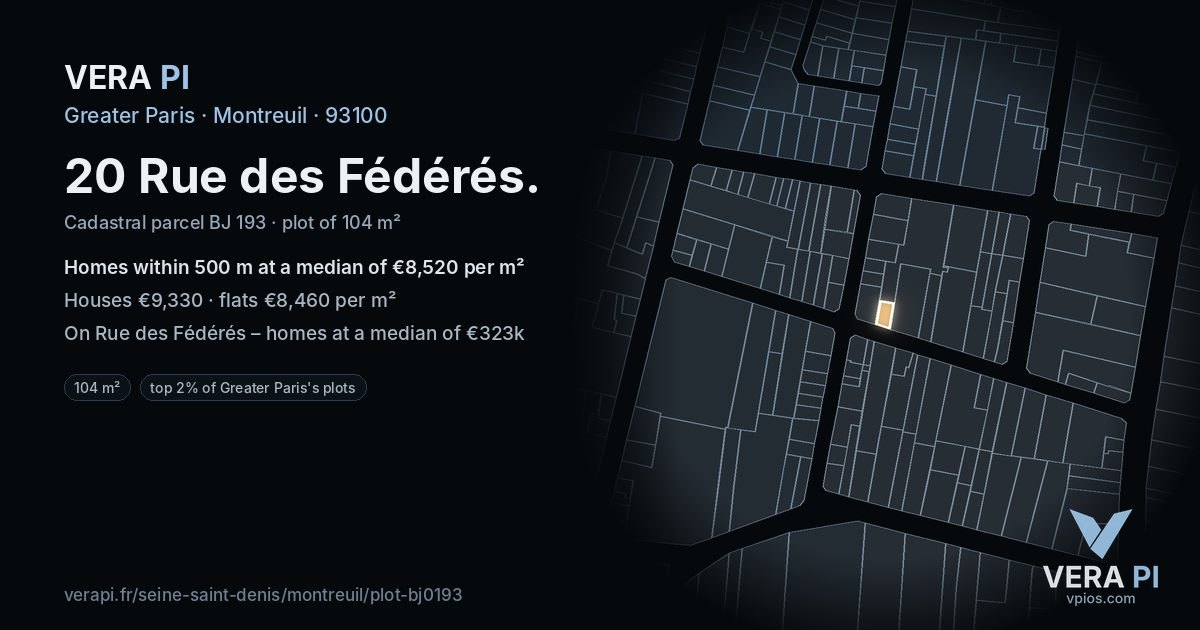 20 Rue des Fédérés, Montreuil at night – the plot lit, the parcels around coloured by the prices near them