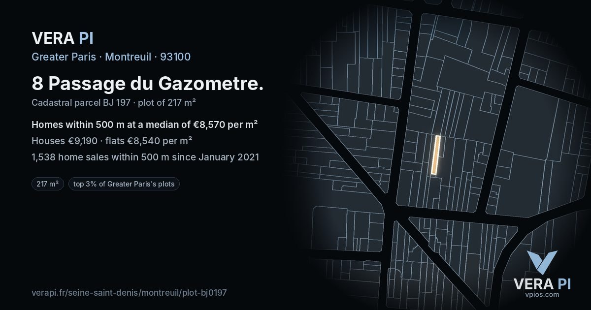 8 Passage du Gazometre, Montreuil at night – the plot lit, the parcels around coloured by the prices near them