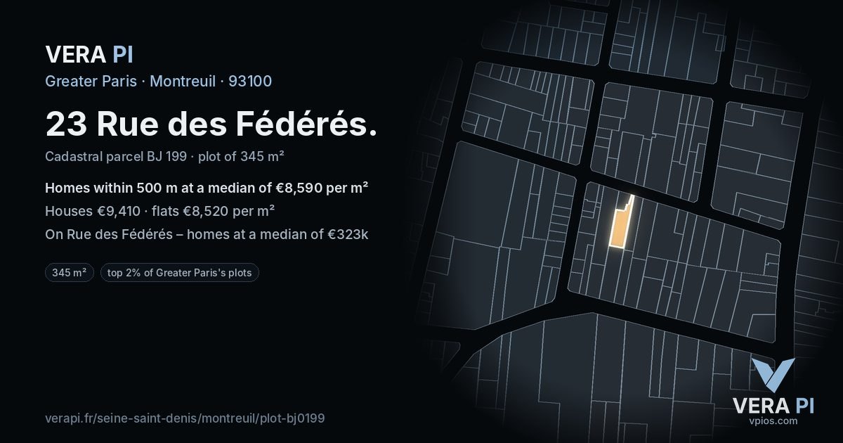 23 Rue des Fédérés, Montreuil at night – the plot lit, the parcels around coloured by the prices near them