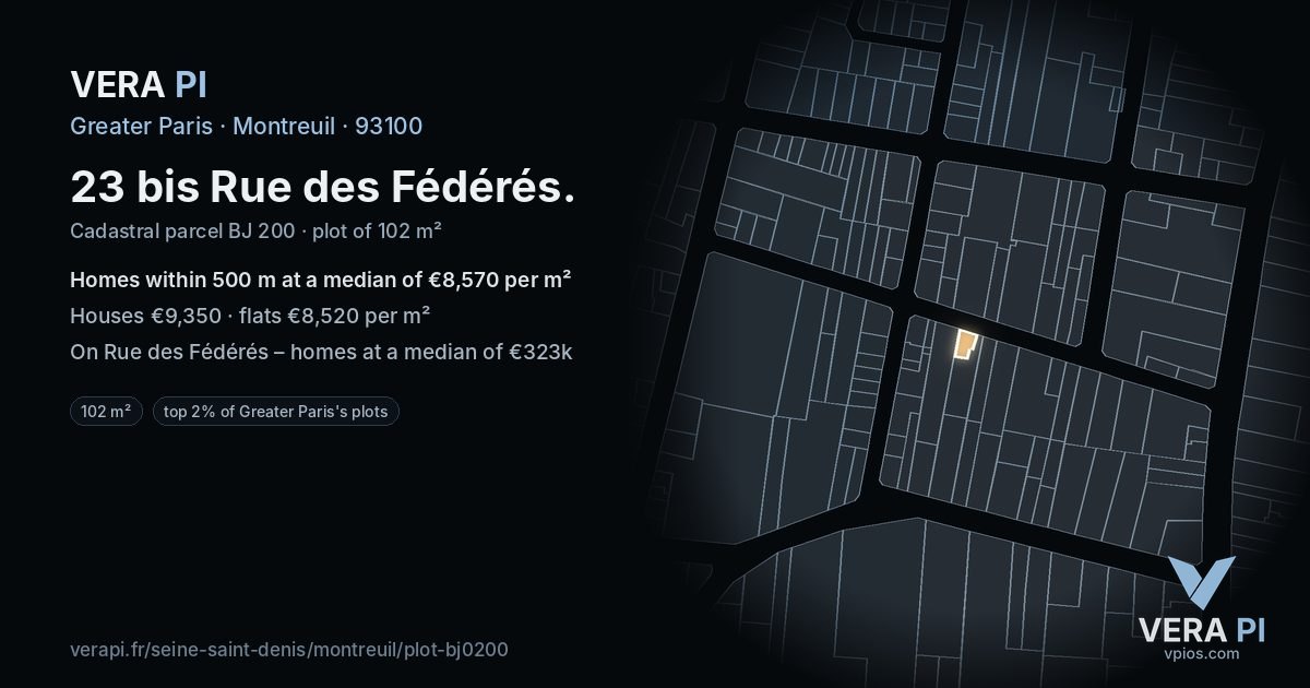 23 bis Rue des Fédérés, Montreuil at night – the plot lit, the parcels around coloured by the prices near them
