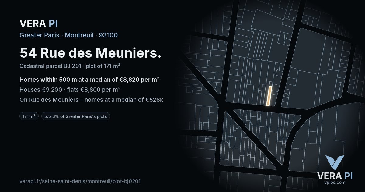 54 Rue des Meuniers, Montreuil at night – the plot lit, the parcels around coloured by the prices near them