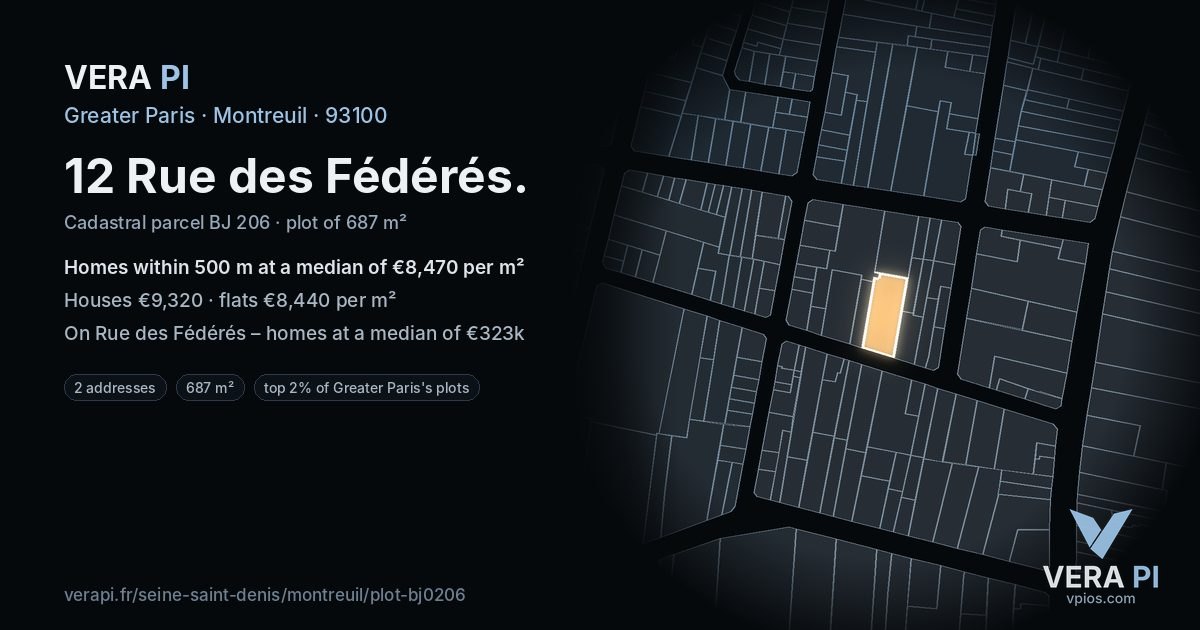 12 Rue des Fédérés, Montreuil at night – the plot lit, the parcels around coloured by the prices near them